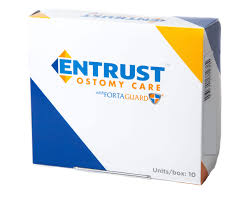 Entrust Ostomy Care medical supply box with blue and yellow design for chronic condition support