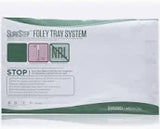 Sterile Foley tray system medical supply kit in sealed packaging, white and green design.