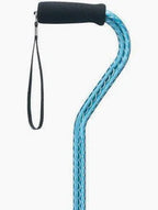 Blue walking cane with ergonomic handle and wrist strap, mobility aid