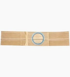 Beige ostomy belt with adjustable strap and blue circular opening for medical support.