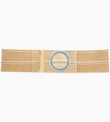 Beige ostomy belt with adjustable strap and blue circular opening for medical support.