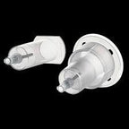 Medical infusion set connectors on black background, close-up of clear plastic medical device parts