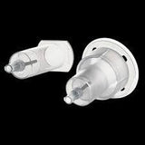 Medical infusion set connectors on black background, close-up of clear plastic medical device parts