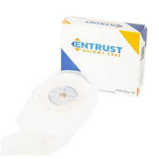 Ostomy care adhesive tape roll and Entrust product box for medical supply needs