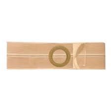 Beige ostomy support belt with circular stoma opening for medical use