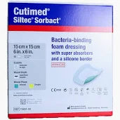 Cutimed Siltec Sorbact foam dressing box with bacteria-binding and silicone border, 15x15cm