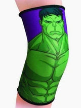 Compression knee sleeve featuring green superhero design on leg, medical support accessory