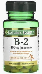 Nature's Bounty B-2 100mg riboflavin supplement bottle with green cap and label