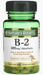 Nature's Bounty B-2 100mg riboflavin supplement bottle with green cap and label