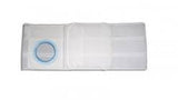 White ostomy abdominal support belt with circular blue ring for medical use