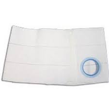 White ostomy belt with adjustable support and round blue stoma opening, medical supply
