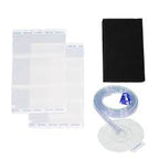 Medical drainage bag kit with clear tubing, sheets, and black pouch on white background