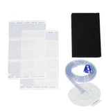 Medical drainage bag kit with clear tubing, sheets, and black pouch on white background