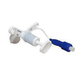 Medical feeding tube device with blue and white connectors on a white background