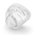 Clear silicone nasal mask cushion, medical respiratory supply on white background