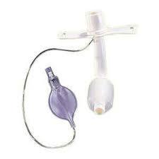Medical tracheostomy tube with cuff and inflation bulb on white background