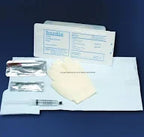 Sterile medical supplies kit with gloves, syringe, and packaging on blue background