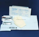 Sterile medical supplies kit with gloves, syringe, and packaging on blue background