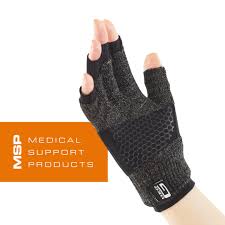 Compression glove for hand support, textured black design, shown on a raised hand