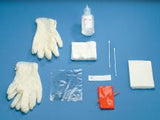 Sterile medical supplies kit with gloves, gauze, antiseptic, swabs, and bandage on blue background