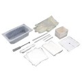 Sterile wound care kit with gloves, tray, gauze pads, forceps, and swab sticks