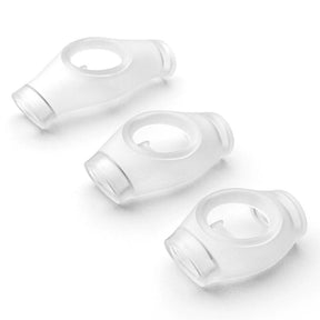 Three clear plastic DreamWisp connectors for CPAP nasal masks on white background