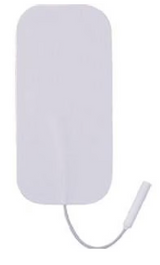 rectangular medical electrode pad with attached wire on white background