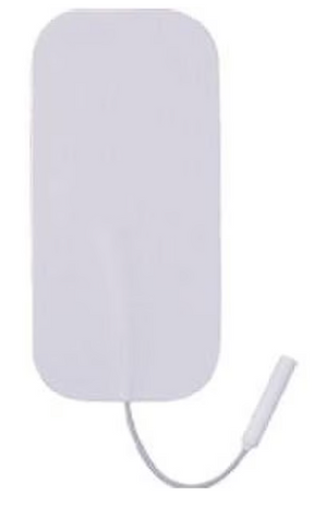 rectangular medical electrode pad with attached wire on white background