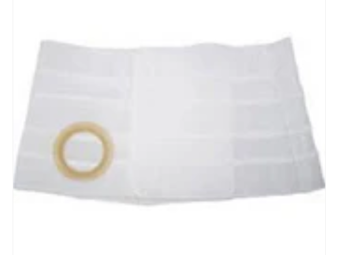 White ostomy belt with circular adhesive ring for medical stoma care on plain background