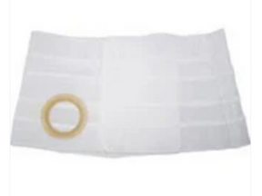 White ostomy belt with circular adhesive ring for medical stoma care on plain background