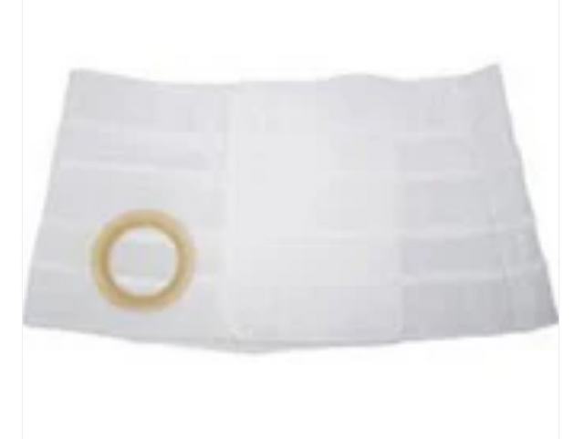 White ostomy belt with circular adhesive ring for medical stoma care on plain background