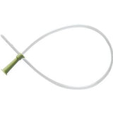 Sterile medical catheter tube with green funnel tip on white background