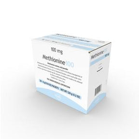 Box of Methionine 100 mg medical supplement, white packaging with blue accents