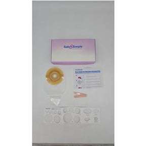 Ostomy care kit with adhesive barrier, stoma measuring card, instructions, and accessories
