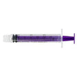 Purple oral medication syringe for precise liquid dosing, isolated on white background