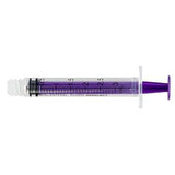 Purple oral medication syringe for precise liquid dosing, isolated on white background