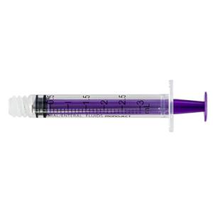 Purple oral medication syringe for precise liquid dosing, isolated on white background