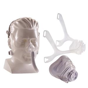 CPAP nasal mask for sleep apnea with headgear displayed on mannequin and separated parts