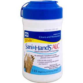 Sani-Hands ALC antibacterial hand wipes container with blue lid for sanitizing