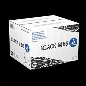Box of Dynarex black bibs disposable medical supplies, 500 count, on black background.