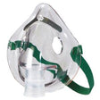 Clear oxygen mask with green elastic strap for respiratory therapy or medical use