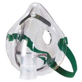 Clear oxygen mask with green elastic strap for respiratory therapy or medical use