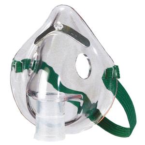 Clear oxygen mask with green elastic strap for respiratory therapy or medical use