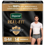 Depend Real-Fit men's adult underwear S-M 14 count, shown on product packaging with model