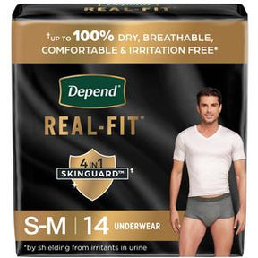 Depend Real-Fit men's adult underwear S-M 14 count, shown on product packaging with model