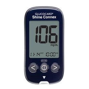 Digital blood glucose meter displaying 106 mg/dL with control buttons and clear screen.