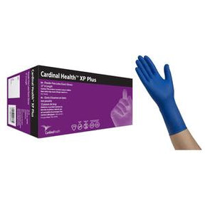 Blue disposable exam glove and Cardinal Health XP Plus glove box, medical supplies