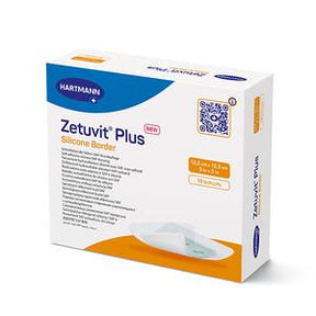 Box of Hartmann Zetuvit Plus Silicone Border medical wound dressing, 12.5cm x 12.5cm, 10 pieces