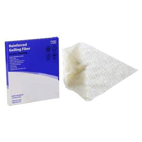 Reinforced gelling fiber wound dressing next to product box for medical supplies