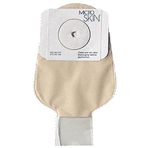 Beige one-piece drainable ostomy pouch with adhesive barrier for stoma care.